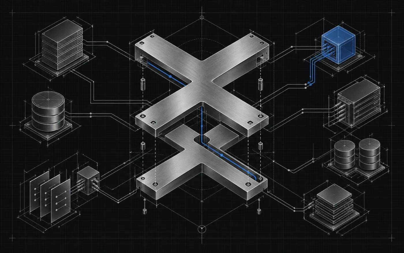 Blueprint of the Nuxon X at the center of servers, databases and integration modules, connected by a highlighted data path