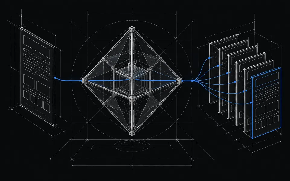 Blueprint of a document passing through a geometric AI core and splitting into structured data records