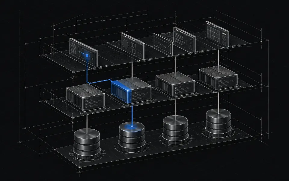 Blueprint of a layered software architecture: interfaces, services and databases connected by a highlighted request path
