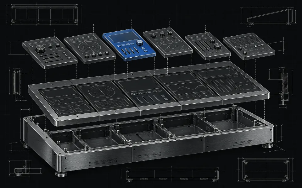Exploded blueprint of a modular operations console assembled from interchangeable panels