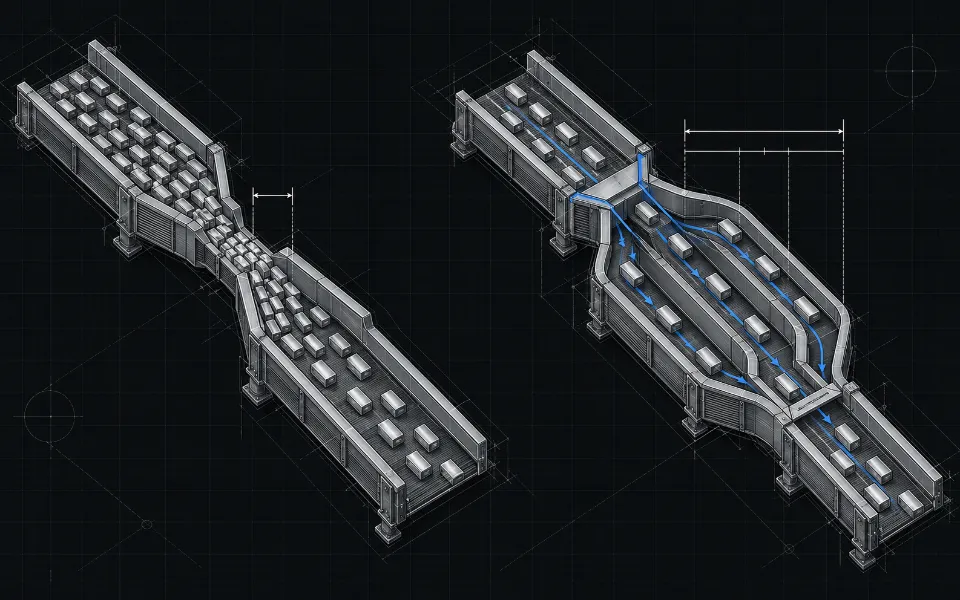 Blueprint comparing a congested process bottleneck with a redesigned parallel flow