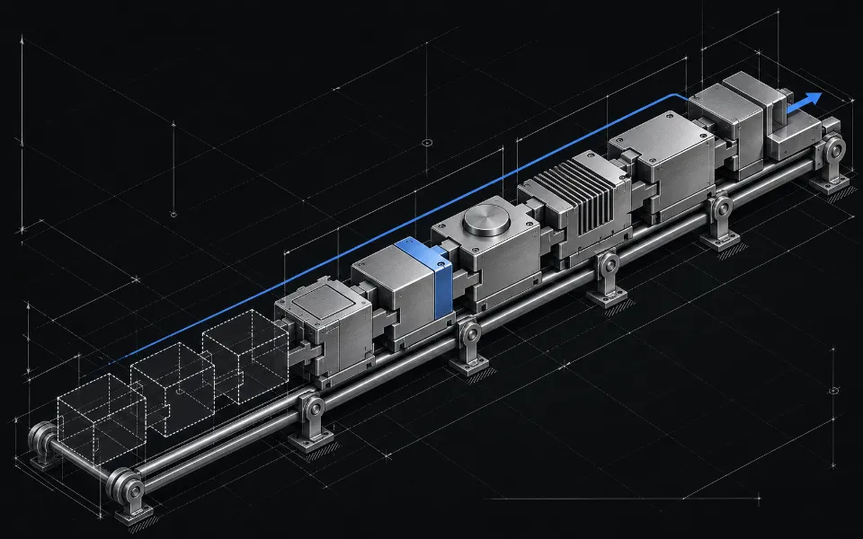 Blueprint of manual steps replaced by connected automated modules on a continuous track